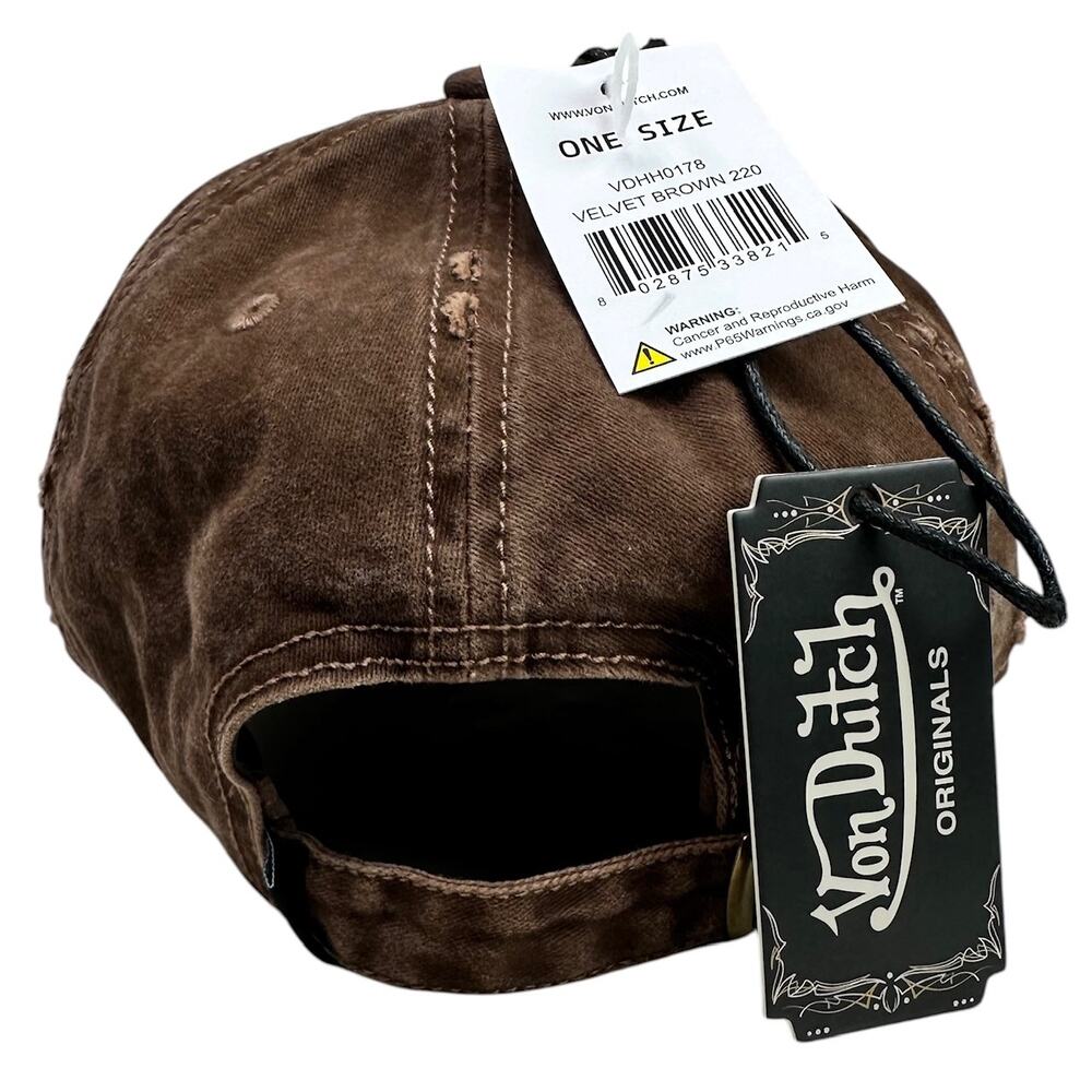 Von Dutch Trucker Hat Misfit Distressed Rips Embroidered Brown Strapback Cap - Picture 4 of 6